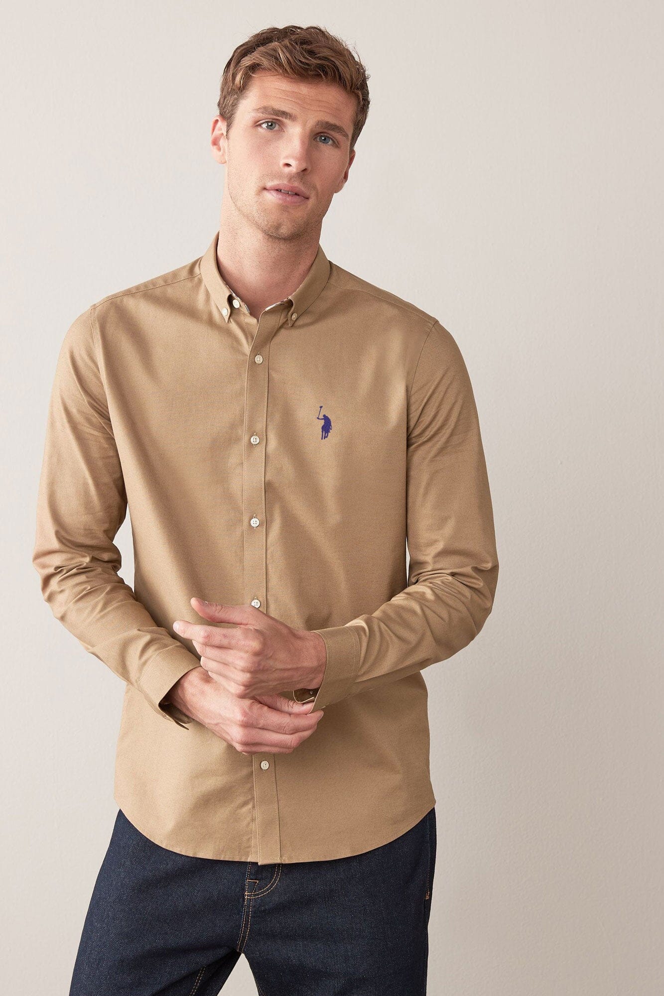 Polo Republica Men's Signature Pony Embroidered Solid Casual Shirt Men's Casual Shirt Polo Republica Khaki S 