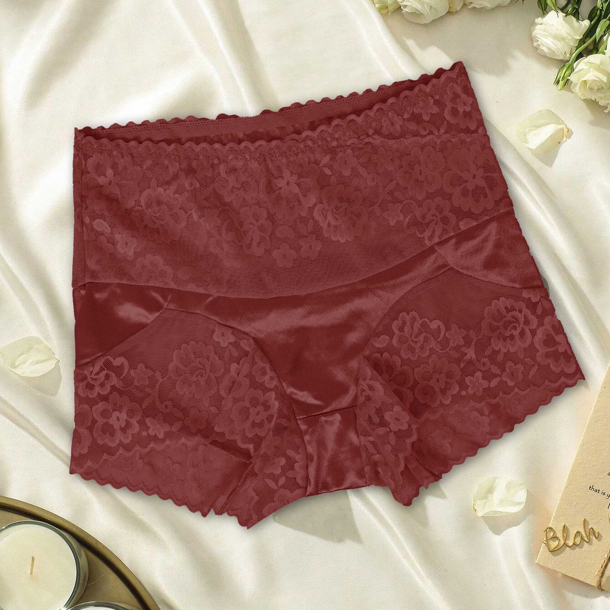 Women's High Waist Floral Lace & Silk Design Underwear Women's Lingerie SAK Maroon S 