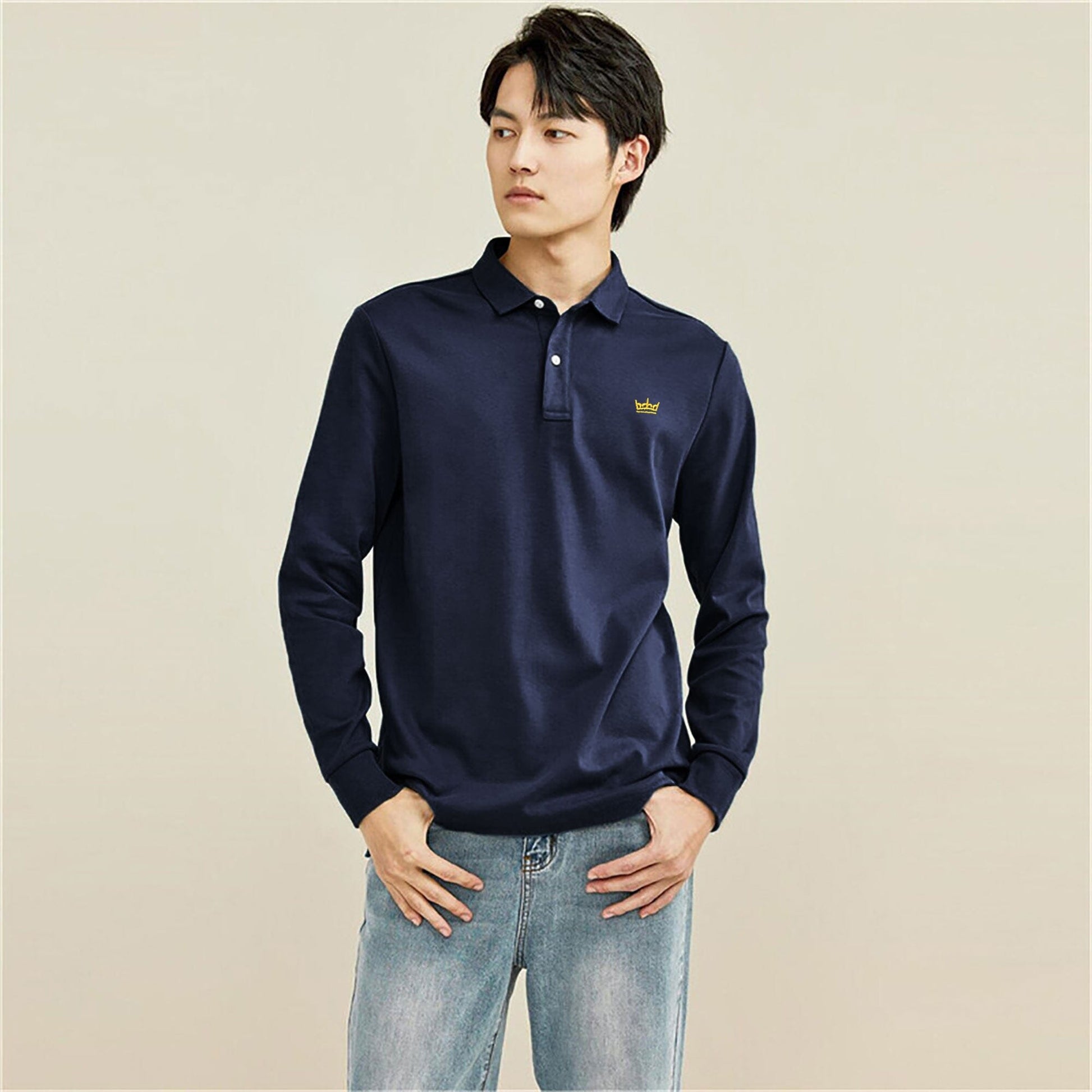 Industrialize Men's Crown Embroidered Minor Fault Long Sleeve Polo Shirt Men's Polo Shirt IST Navy 2XS 