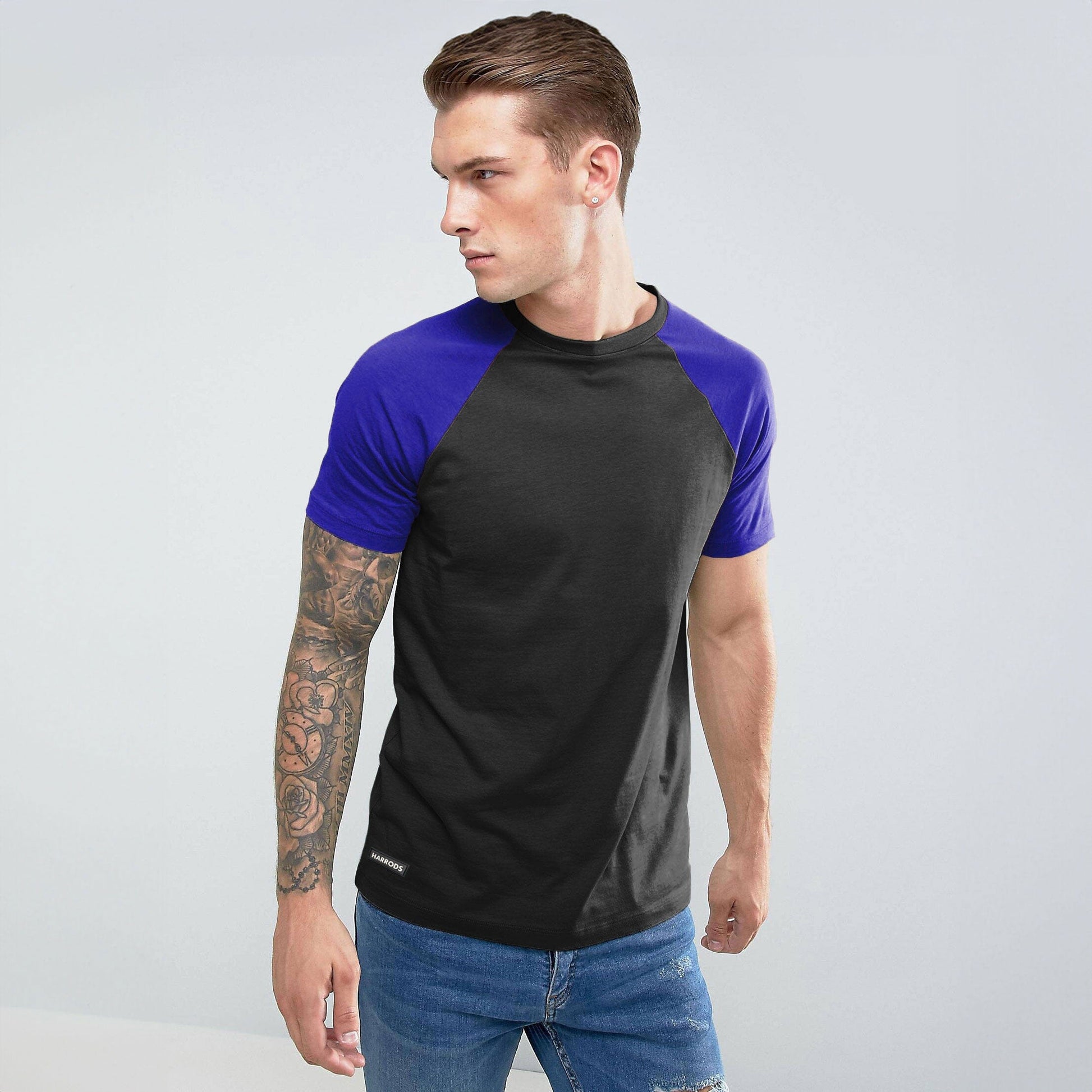 Harrods Men's Contrast Sleeve Style Crew Neck Tee Shirt Men's Tee Shirt IBT Black & Royal S 