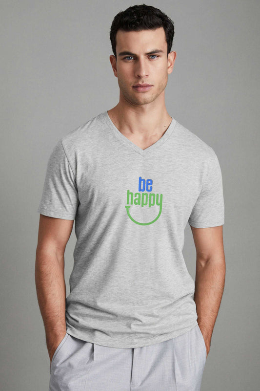 Men's Be Happy Printed V Neck Short Sleeve Tee Shirt