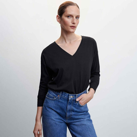 T- Women's V- Neck Design Long Sleeve Tee Shirt Women's Tee Shirt Minhas Garments Black 2XS 