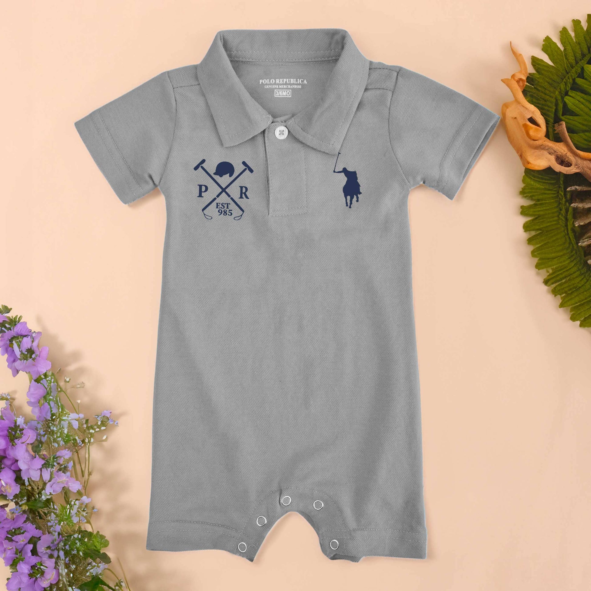 Polo Republica Signature Pony PR Mallets Printed Short Sleeve Baby Romper Romper Polo Republica Grey & Navy 0-3 Months 
