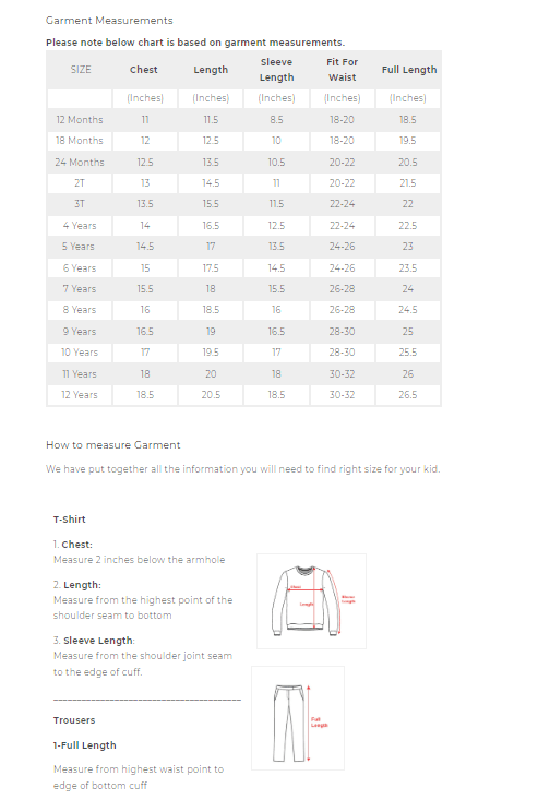 Reebok childrens top size chart