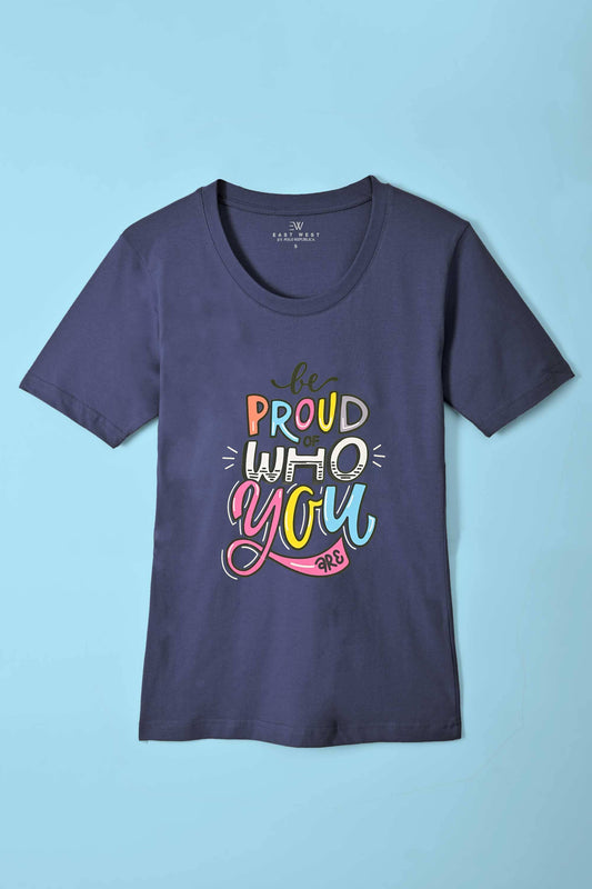 East West Women's Be Proud Of Who You Are Printed Short Sleeve Tee Shirt Women's Tee Shirt East West Navy XS 