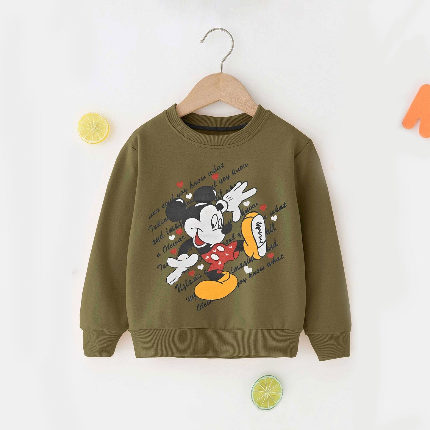 Kid's Mickey Mouse & Heart Printed Fleece Sweat Shirt Kid's Sweat Shirt ZBC Olive 1 Years 