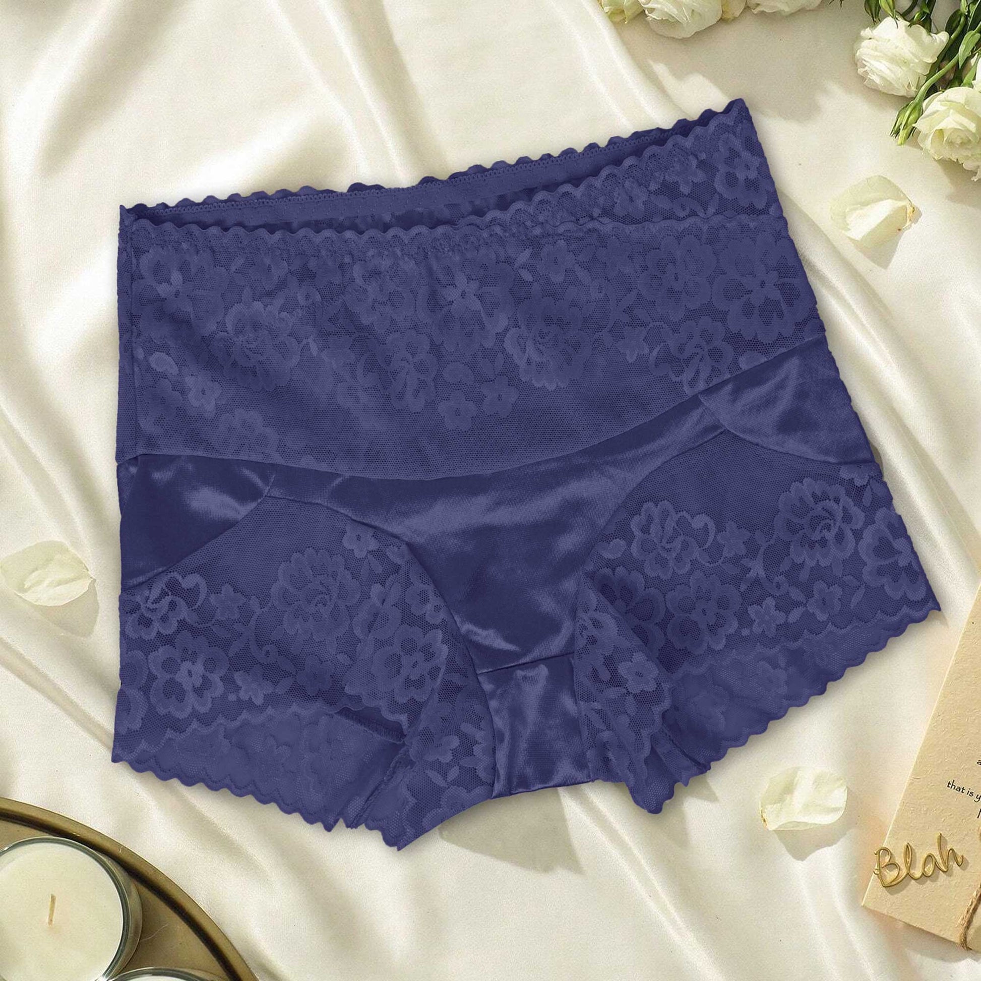 Women's High Waist Floral Lace & Silk Design Underwear Women's Lingerie SAK Navy Blue S 