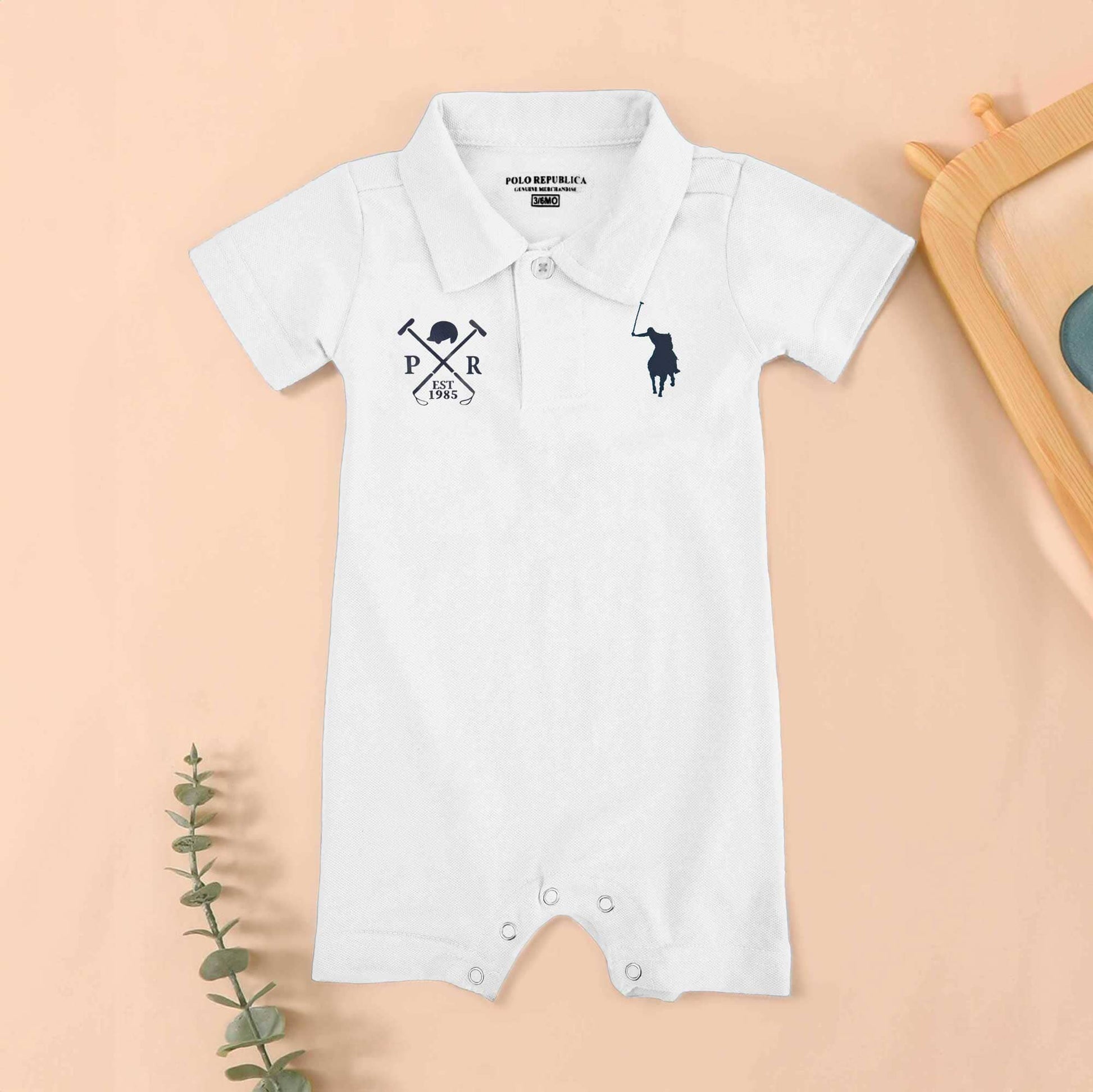 Polo Republica Signature Pony PR Mallets Printed Short Sleeve Baby Romper Romper Polo Republica White & Navy 0-3 Months 