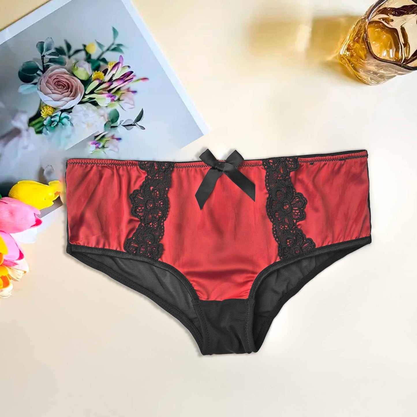 Mpz Women's Fancy Lace Design Silk Underwear Women's Lingerie RAM Red M 