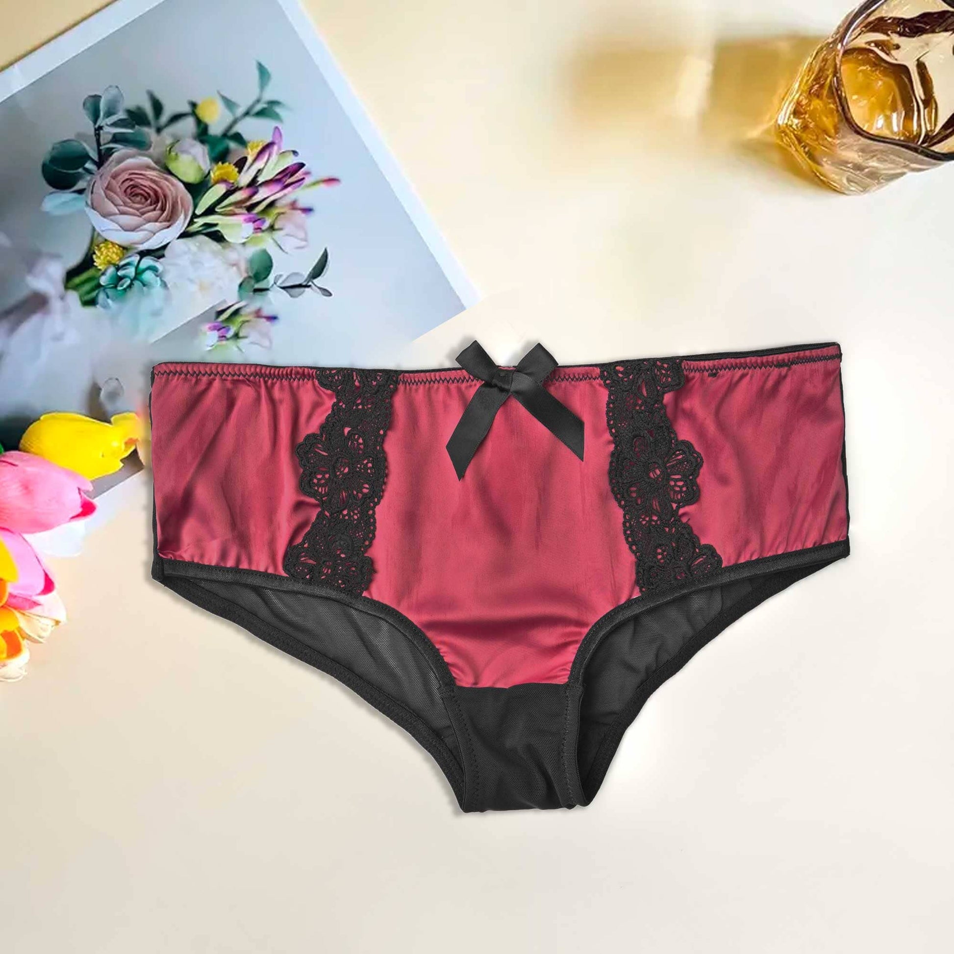 Mpz Women's Fancy Lace Design Silk Underwear Women's Lingerie RAM Maroon M 