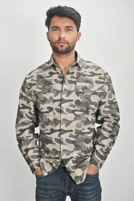 Men's Camo Printed Chest Pocket Design Long Sleeves Casual Shirt
