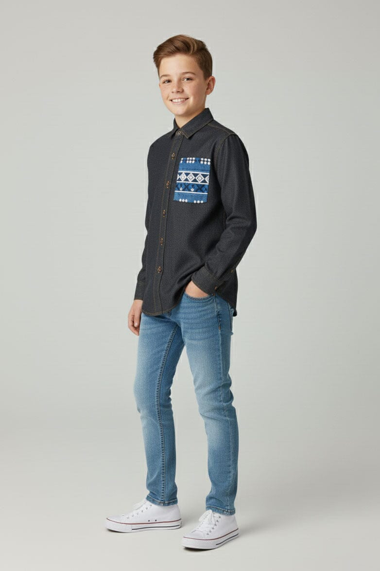 Styles Republic Boy's Geometric Denim Casual Shirt