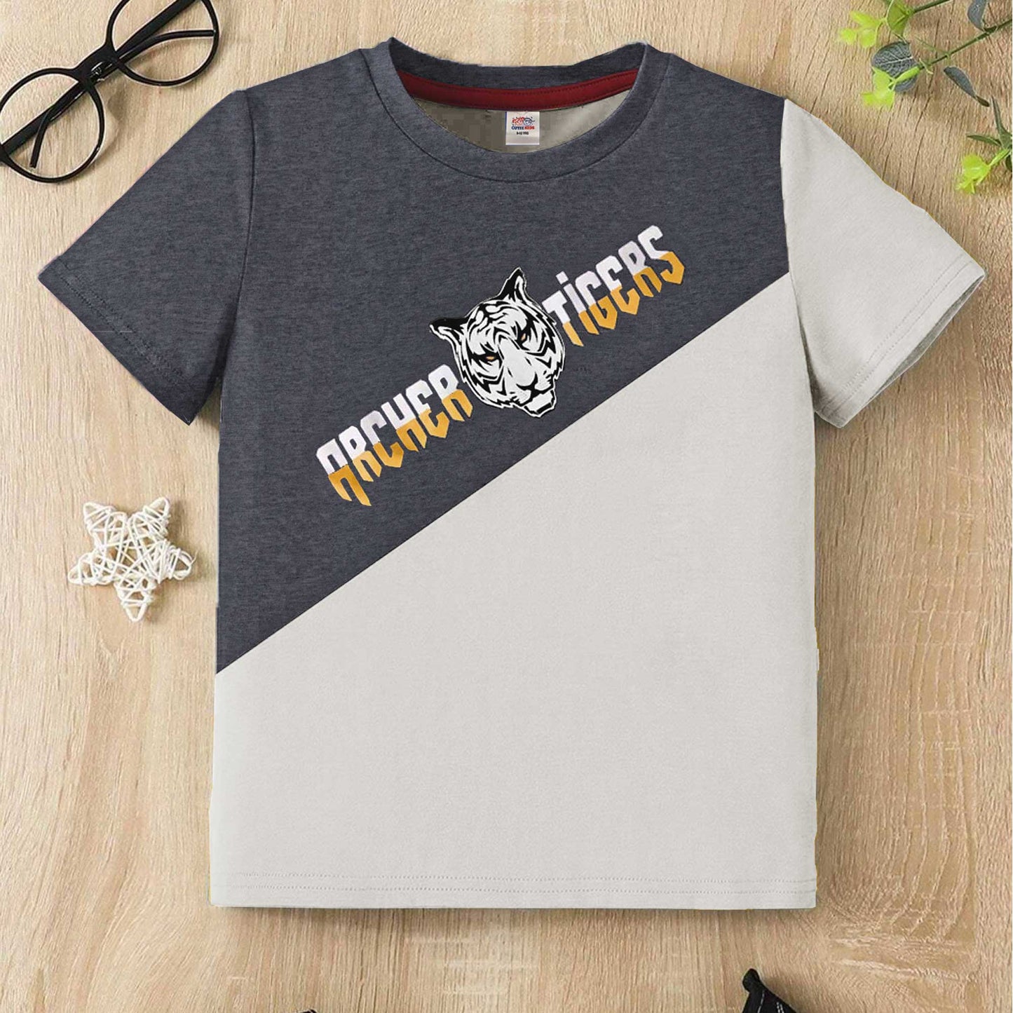 Cutie Kid's Archer Tiger Printed Panel Design Tee Shirt Boy's Tee Shirt ZBC Charcoal & Cream 1-2 Years 