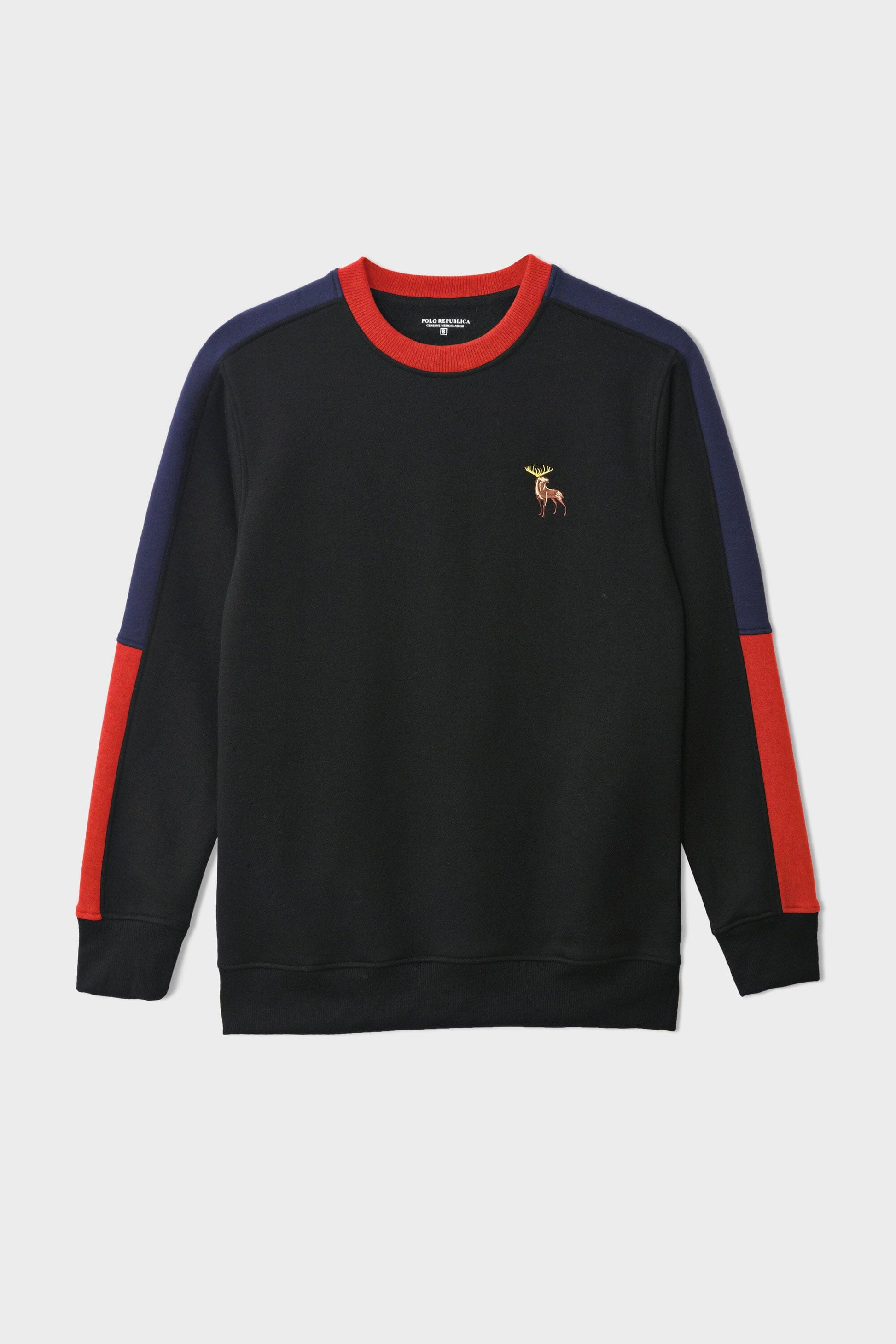 Polo Republica Men's Contrast Shoulder Moose Embroidered Fleece Sweat Shirt Men's Sweat Shirt Polo Republica 