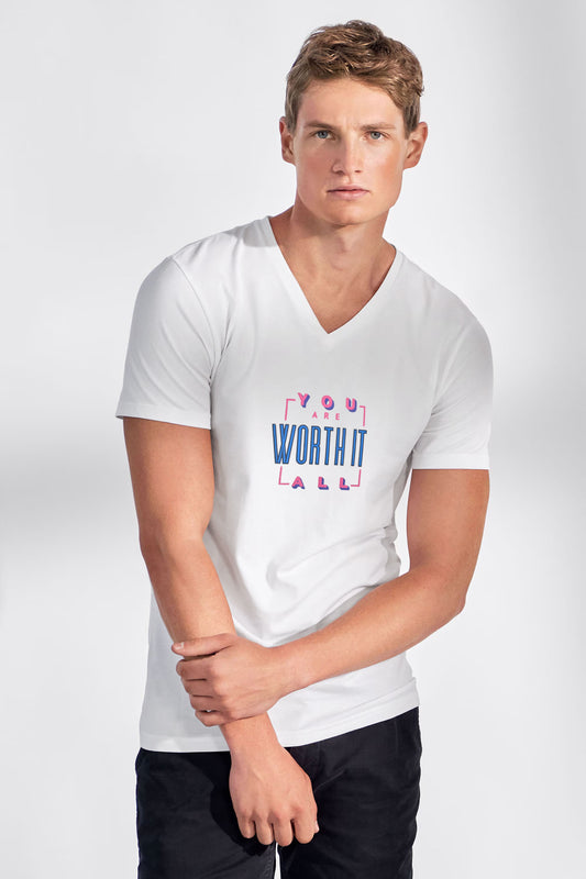 LE Men's CEO Worth It Printed V-Neck Short Sleeve Tee Shirt