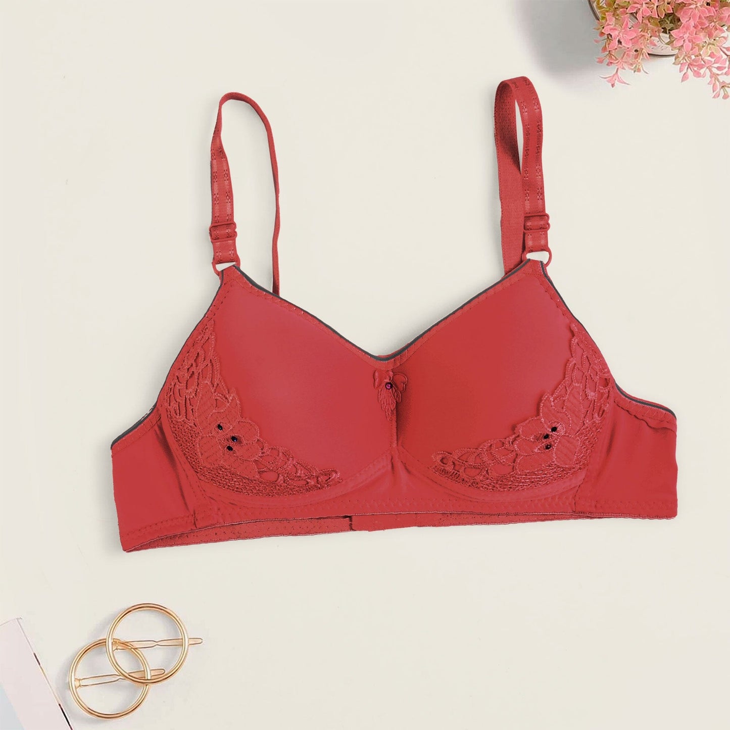 Women's Floral Lace Design Stretched Padded Bra Women's Lingerie CPUS Red 30 