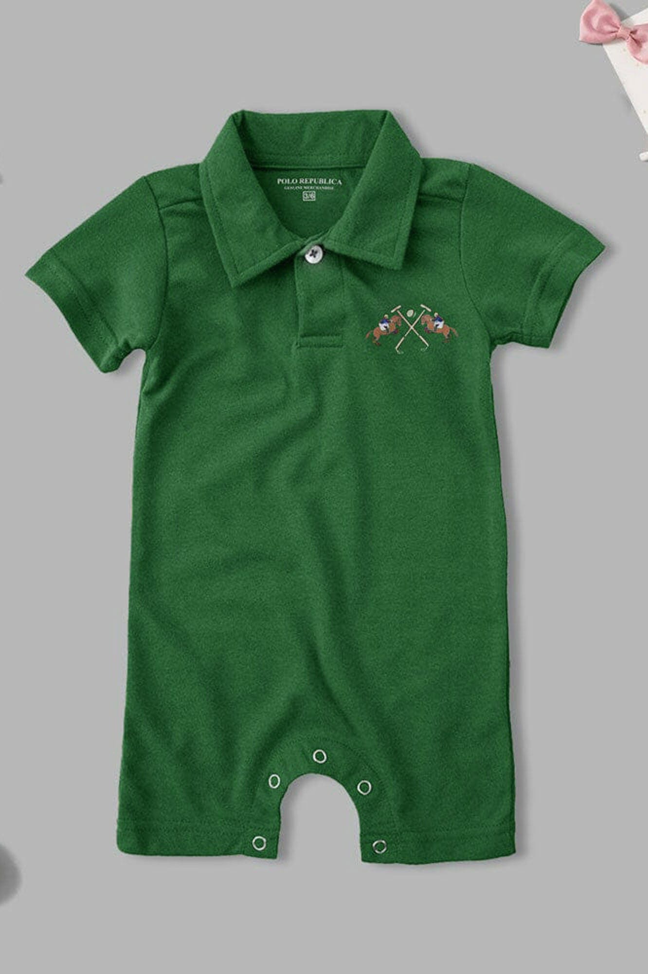 Polo Republica Double Pony Printed Design Short Sleeve Baby Romper Romper Polo Republica Bottle Green 0-3 Months 