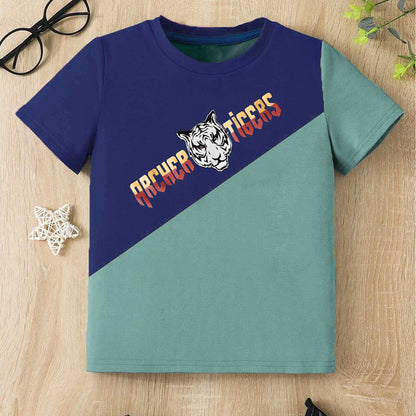 Cutie Kid's Archer Tiger Printed Panel Design Tee Shirt Boy's Tee Shirt ZBC Navy & Teal 1-2 Years 
