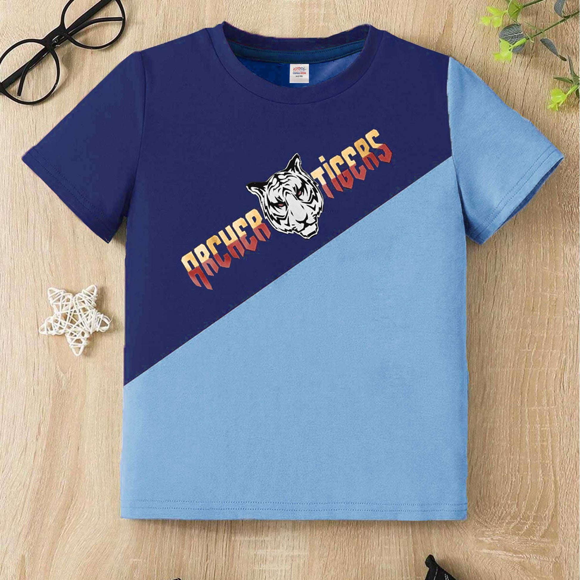 Cutie Kid's Archer Tiger Printed Panel Design Tee Shirt Boy's Tee Shirt ZBC Navy & Sky 1-2 Years 