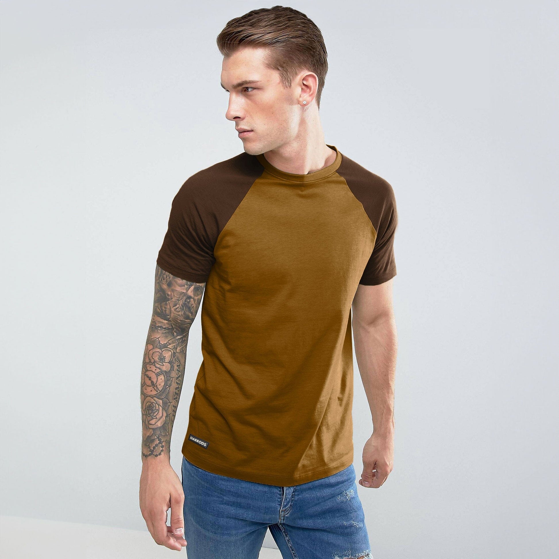 Harrods Men's Contrast Sleeve Style Crew Neck Tee Shirt Men's Tee Shirt IBT Mustard S 