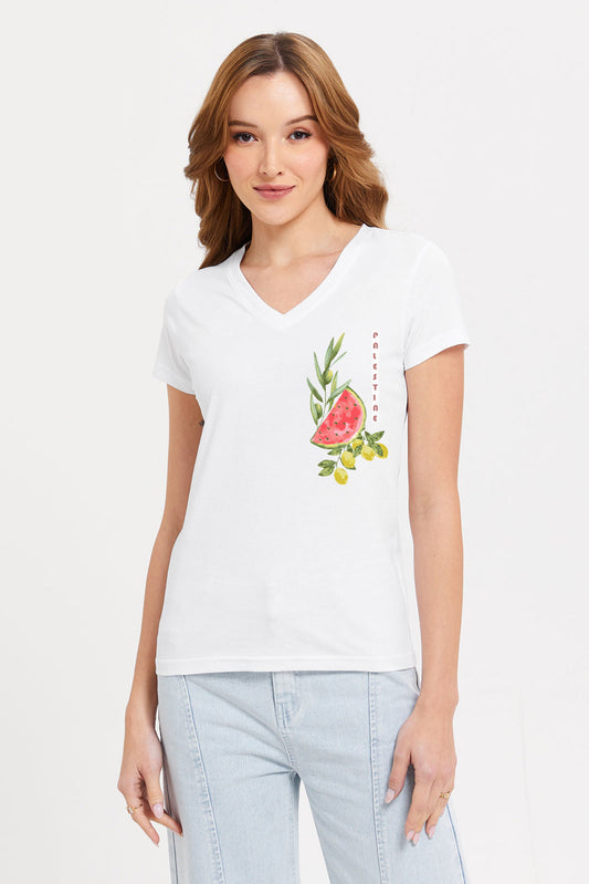 BYD Women's Palestine Fruit Of The Nation Printed V- Neck Tee Shirt