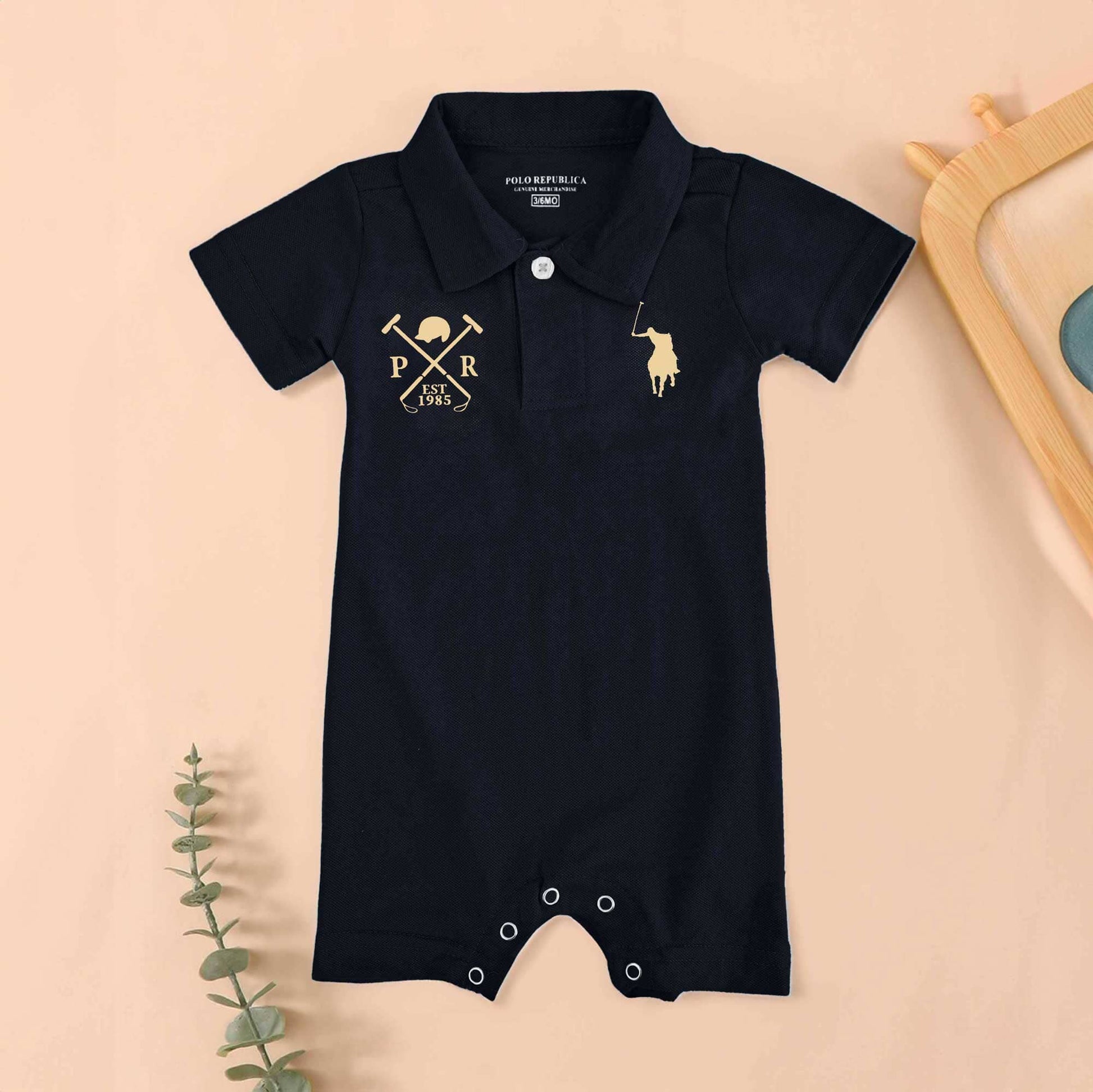 Polo Republica Signature Pony PR Mallets Printed Short Sleeve Baby Romper Romper Polo Republica Navy & Skin 0-3 Months 