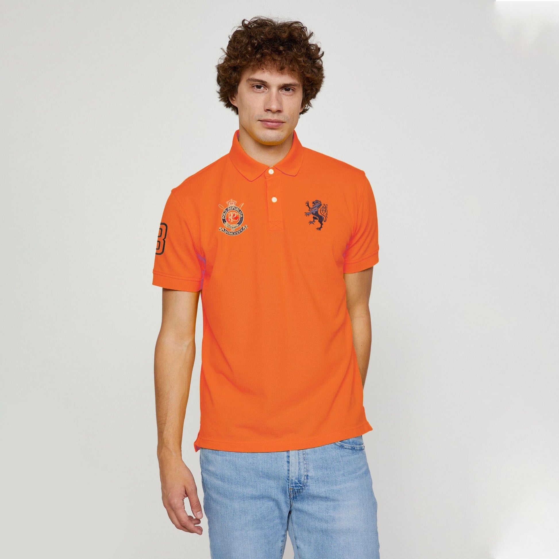 Polo Republica Men's Lion PR Crest & 8 Embroidered Short Sleeve Polo Shirt Men's Polo Shirt Polo Republica Orange S 