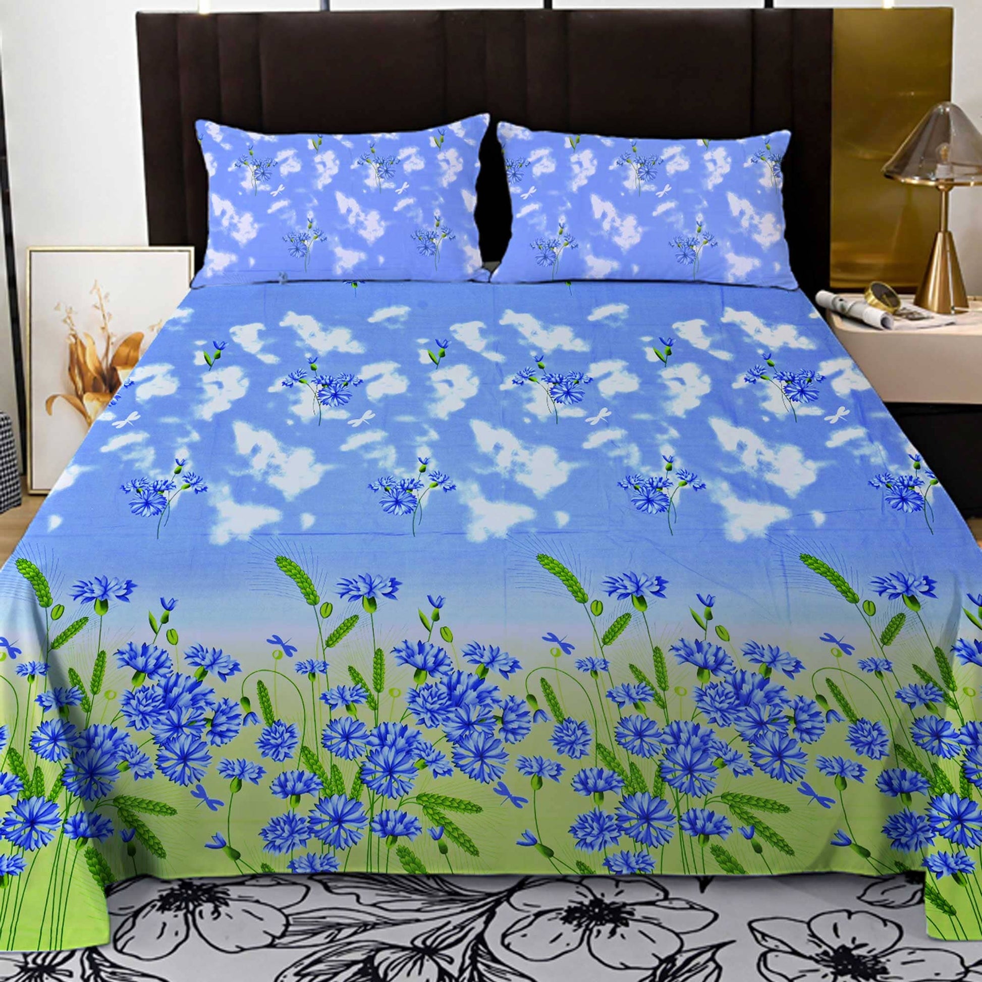 Polo Republica Wheat Floral Printed Premium Collection 3 Piece Double Bed Sheet Bed Sheet Fiza 