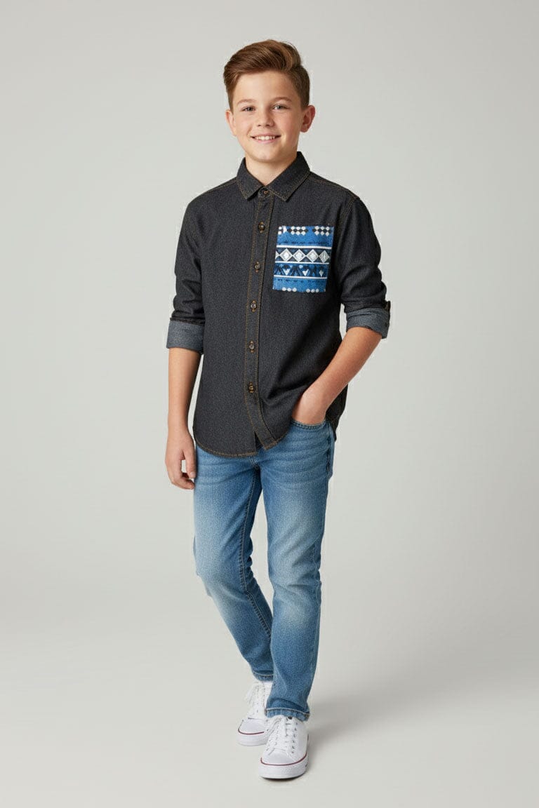 Styles Republic Boy's Geometric Denim Casual Shirt