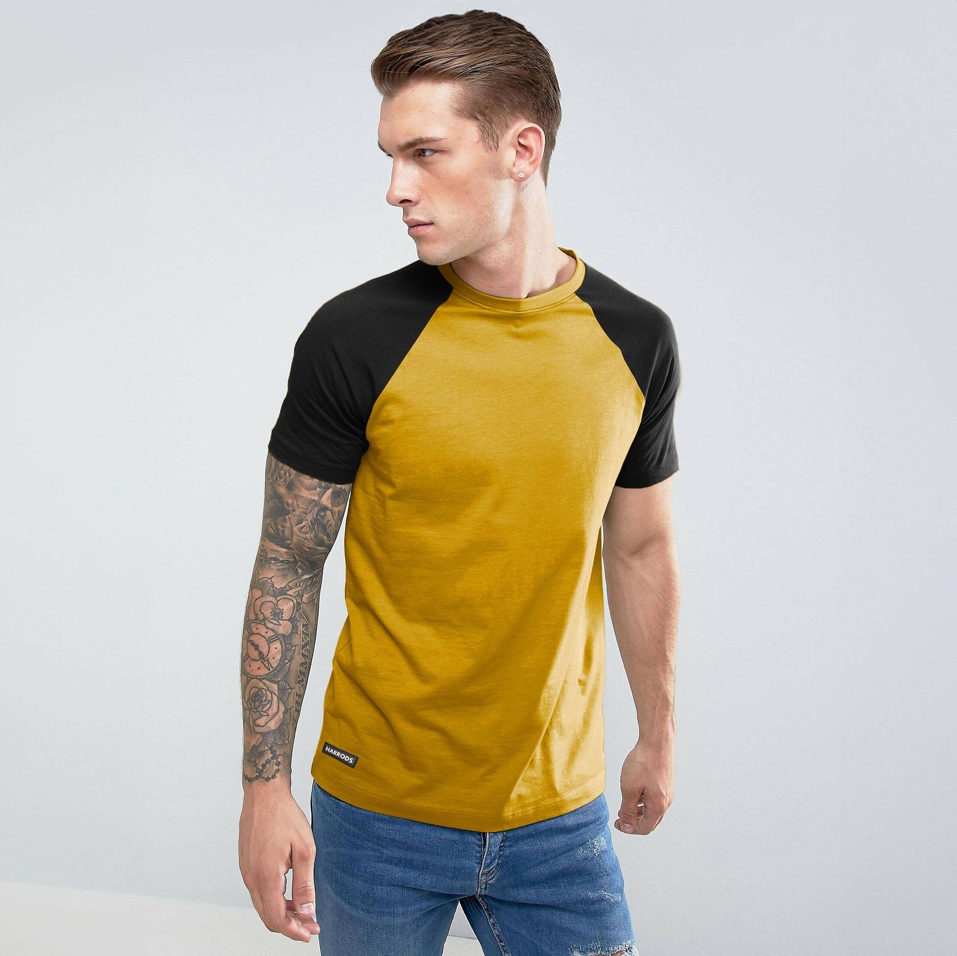 Harrods Men's Contrast Sleeve Style Crew Neck Tee Shirt Men's Tee Shirt IBT Yellow S 