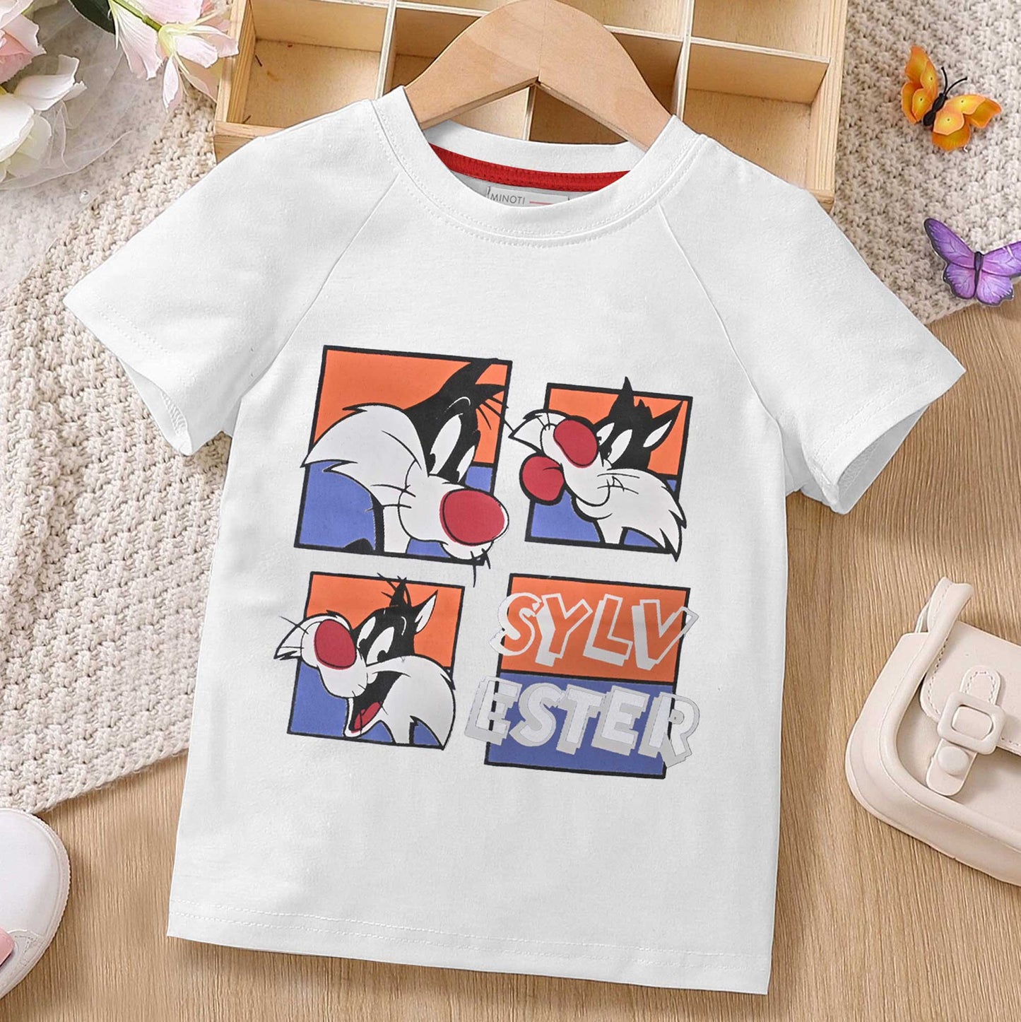 Minoti Kid's Sylv Ester Printed Tee Shirt Boy's Tee Shirt SZK White 3-4 Years 