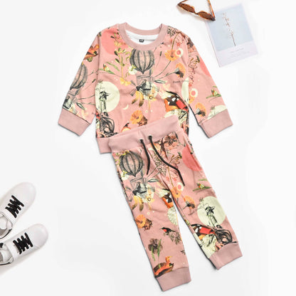 Kid's Rennes Printed Design Fleece Suit Set - 2 Pcs Kid's tracksuit HMG Tea Pink 1-2 Years 