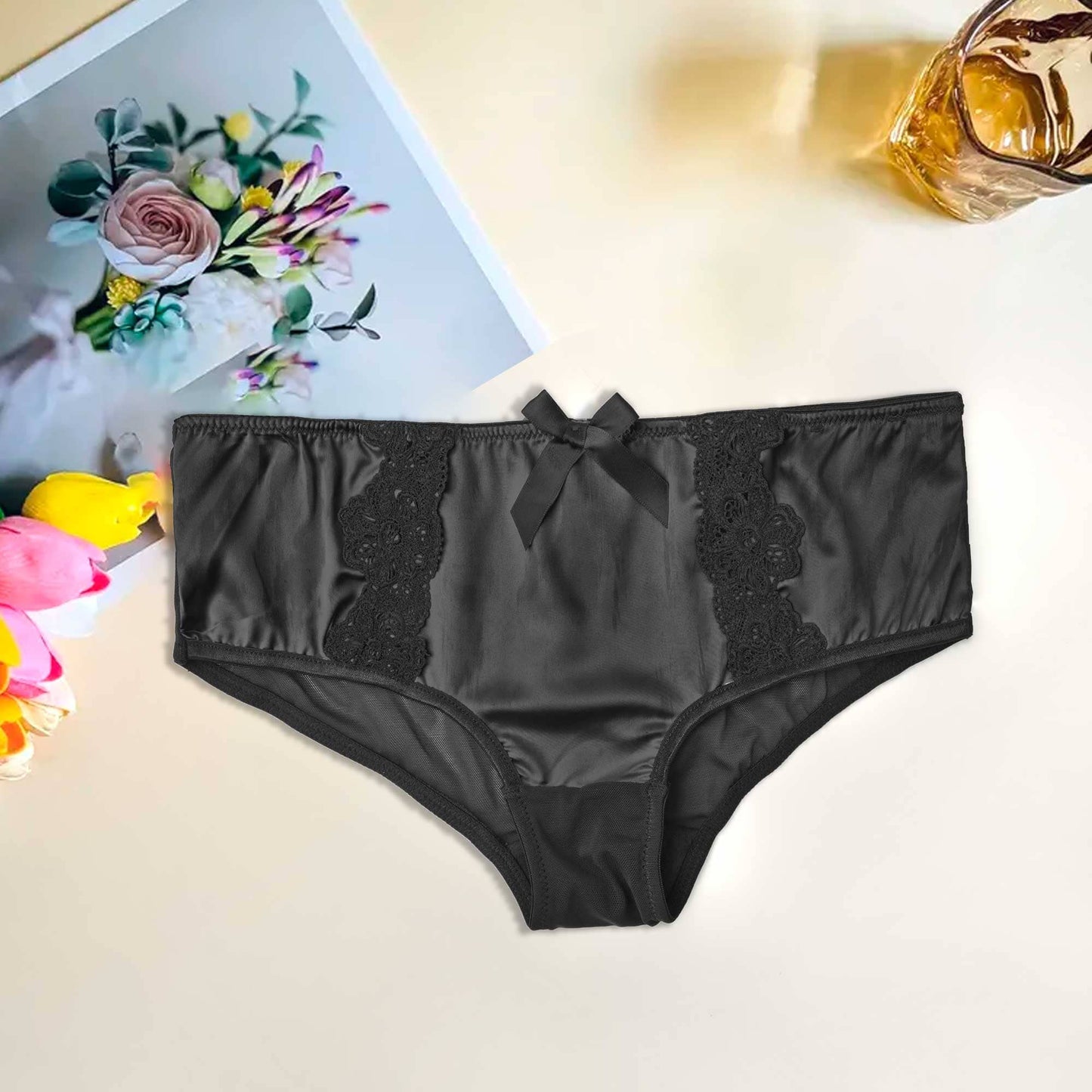 Mpz Women's Fancy Lace Design Silk Underwear Women's Lingerie RAM Black M 
