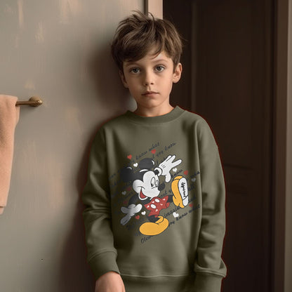 Kid's Mickey Mouse & Heart Printed Fleece Sweat Shirt Kid's Sweat Shirt ZBC Dark Olive 1 Years 