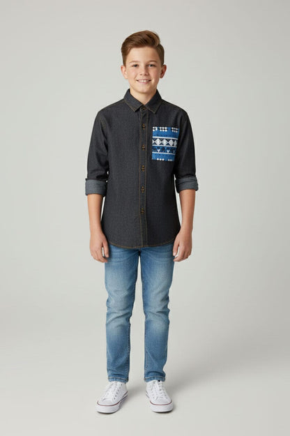 Styles Republic Boy's Geometric Denim Casual Shirt