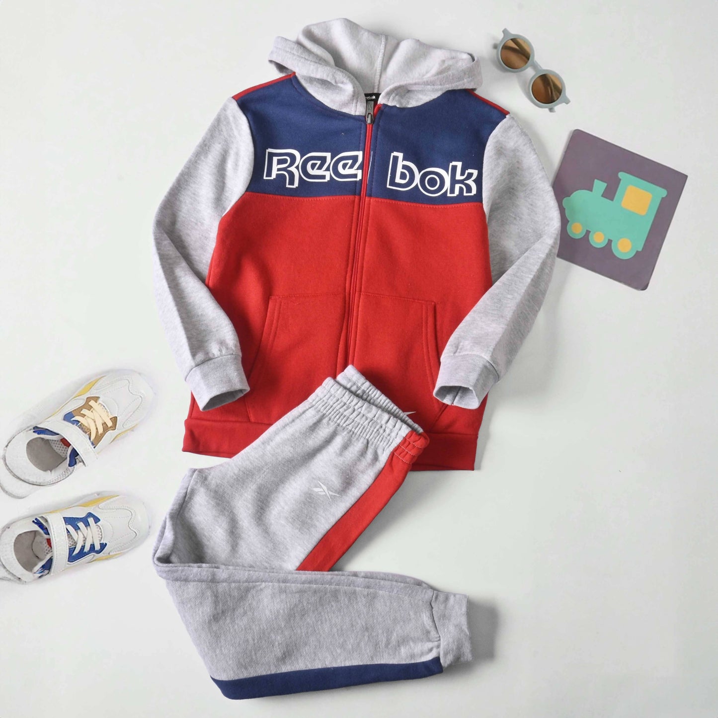 Reebok Kids' Contrast Panel Fleece Zipper Hooded Sweat suit Set-2 Pcs Kid's tracksuit Fiza Red & Heather Grey 12 Months 