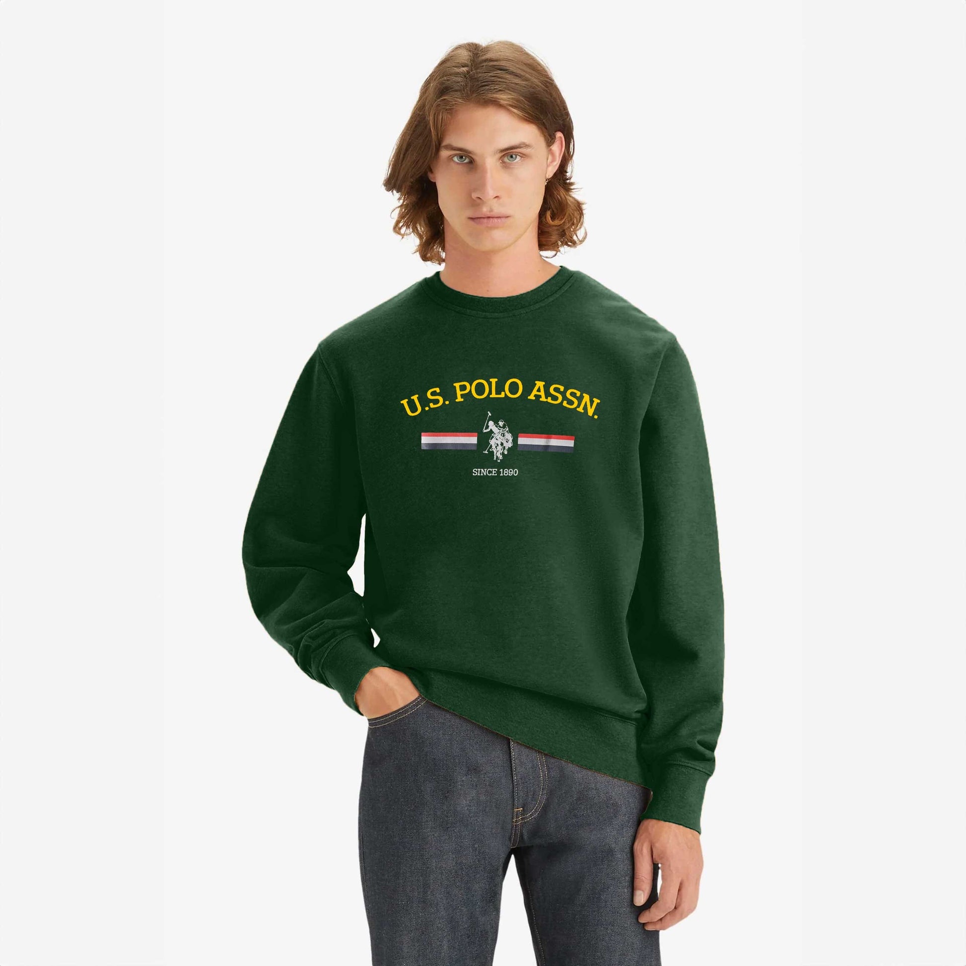 USPA Men's Logo Printed Fleece Sweat Shirt Men's Sweat Shirt Fiza Bottle Green XS 