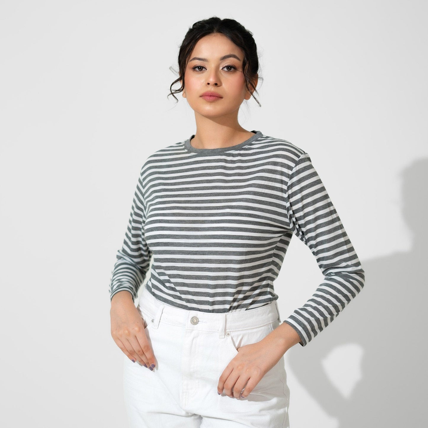 Max 21 Women's Stripes Style Long Sleeve Tee Shirt Women's Tee Shirt SZK White & Grey S 