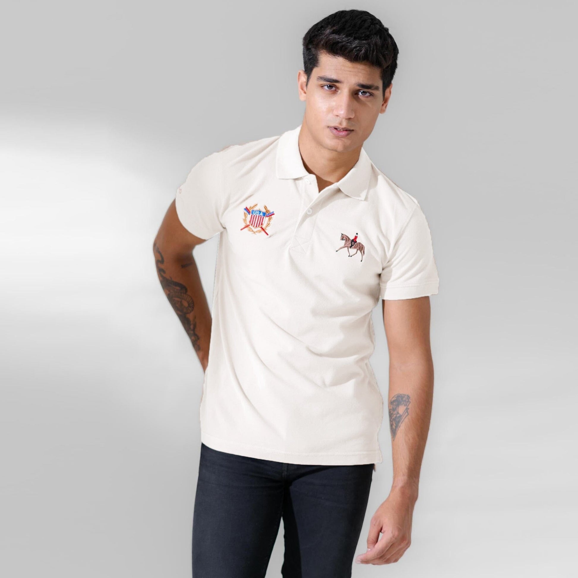Polo Republica Men's Horse Rider & USA Crest Embroidered Short Sleeve Polo Shirt Men's Polo Shirt Polo Republica Off White S 