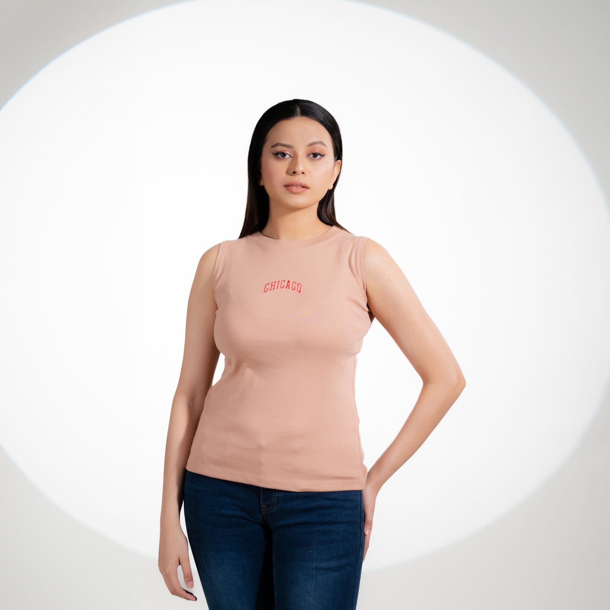 Safina Women's Chicago Embroidered Crew Neck Sleeveless Shirt Women's Sweat Shirt Safina Beige S 