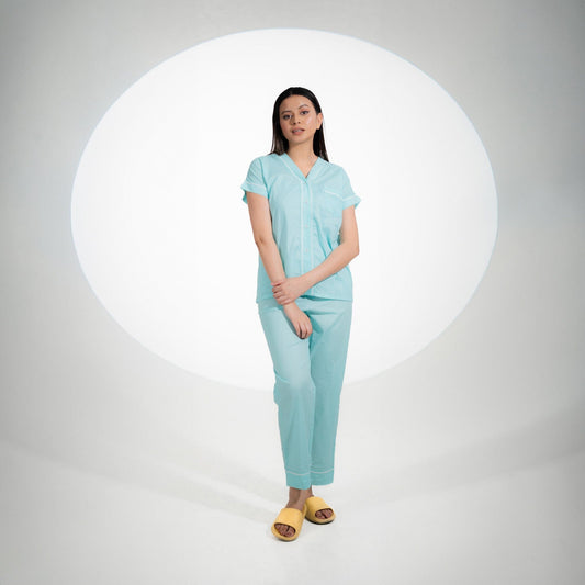 Safina Women's V-Neck Design Short Sleeves Night Suit Women's Sleep Wear Safina Light Turquoise S 
