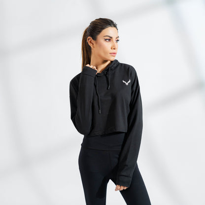 Polo Athletica Women's Hooded Activewear Terry Crop Top Women's Pullover Hoodie Polo Republica Black XS 