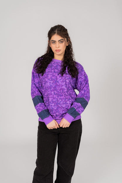 East West Women's Gingham Texture Digital Printed Terry Sweat Shirt