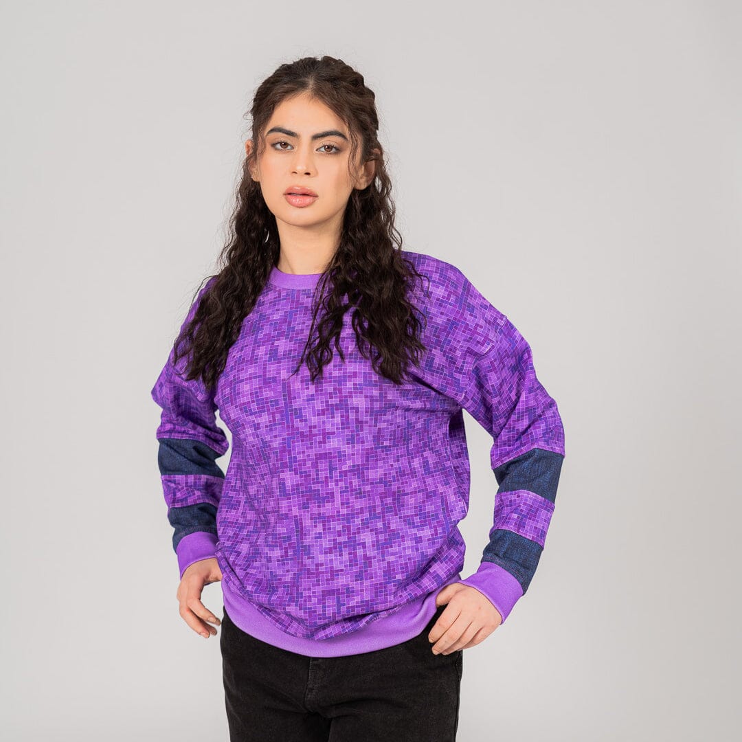 East West Women's Gingham Texture Digital Printed Terry Sweat Shirt Women's Sweat Shirt East West Purple S 
