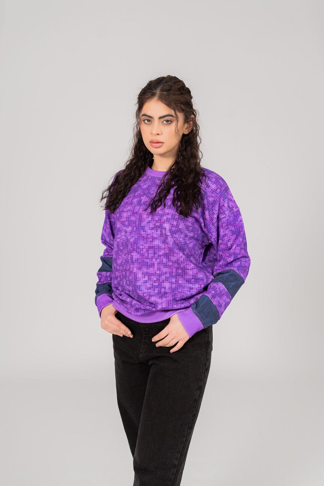 East West Women's Gingham Texture Digital Printed Terry Sweat Shirt