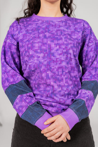 East West Women's Gingham Texture Digital Printed Terry Sweat Shirt Women's Sweat Shirt East West 