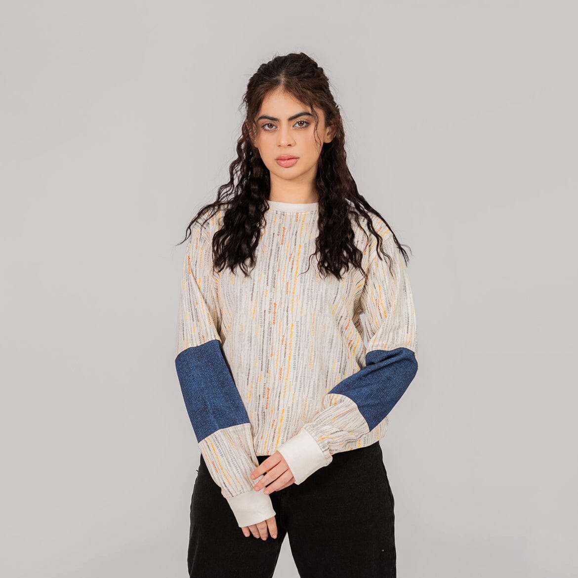 East West Women's Stripes Texture Digital Printed Terry Sweat Shirt