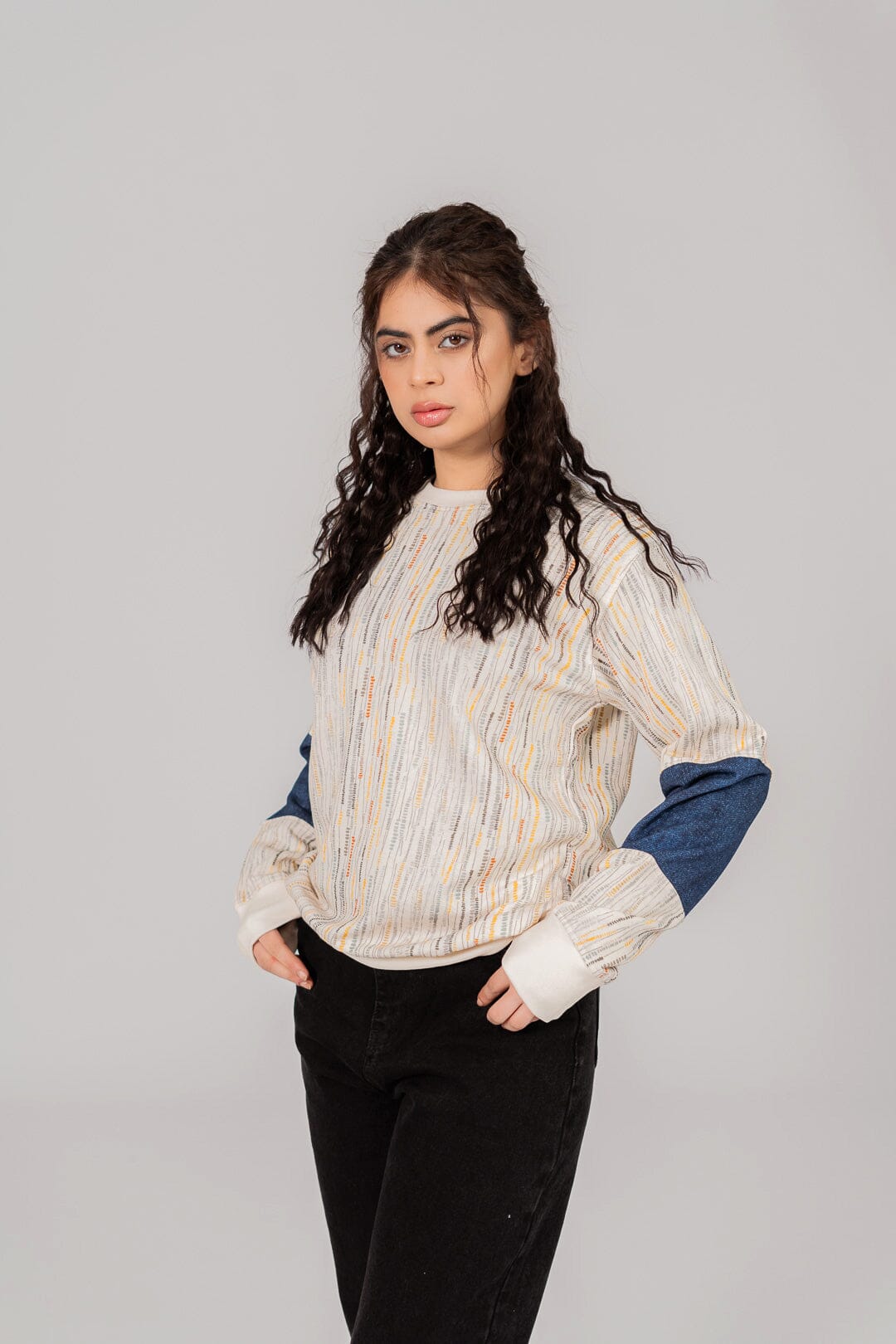 East West Women's Stripes Texture Digital Printed Terry Sweat Shirt