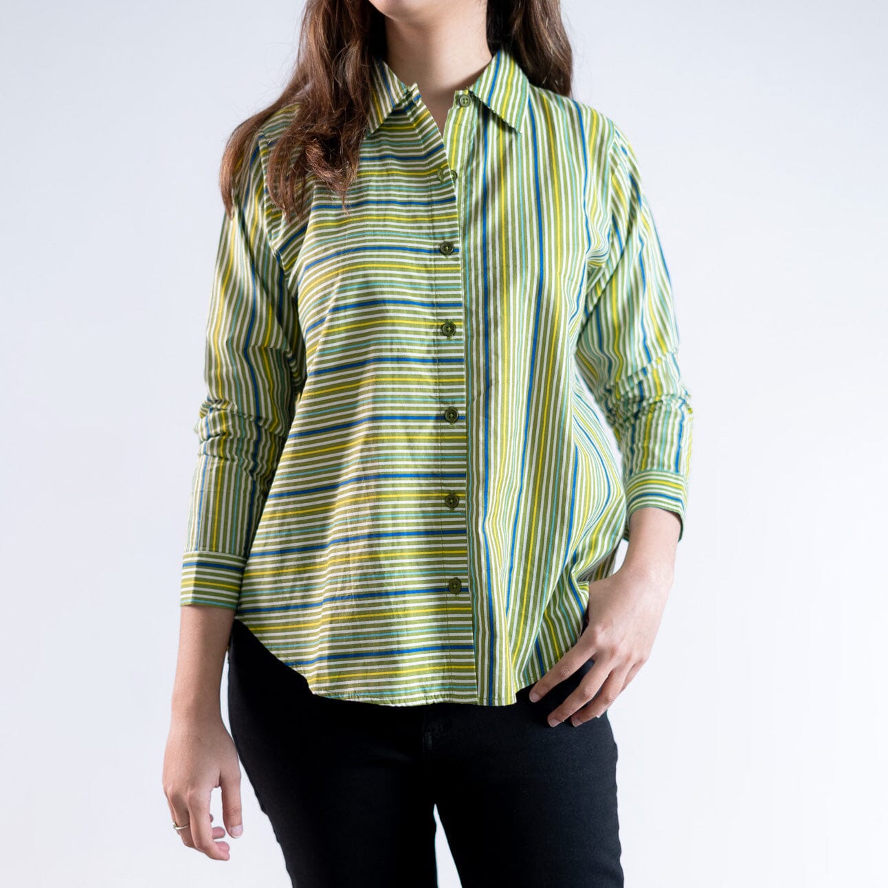 East West Women's Narrow Lining Style Casual Shirt Women's Casual Shirt East West Green & White XS 