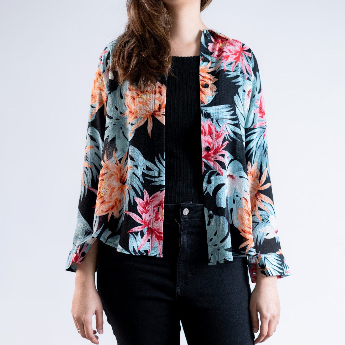 East West Women's Floral Printed Casual Shirt Women's Casual Shirt East West Black & Turquoise XS 